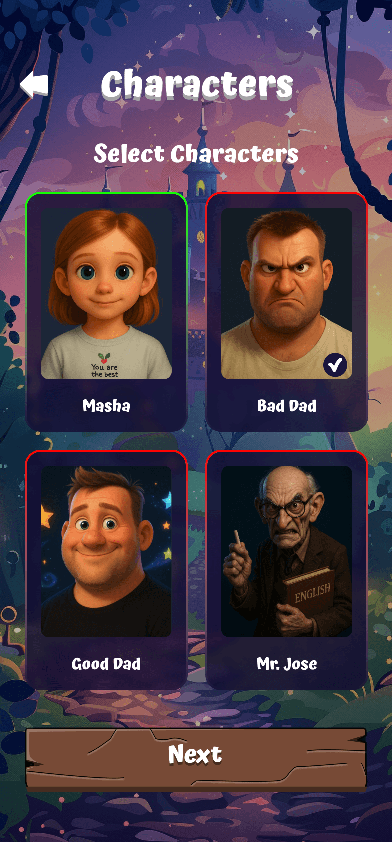 Whimsy Tales character selection screen